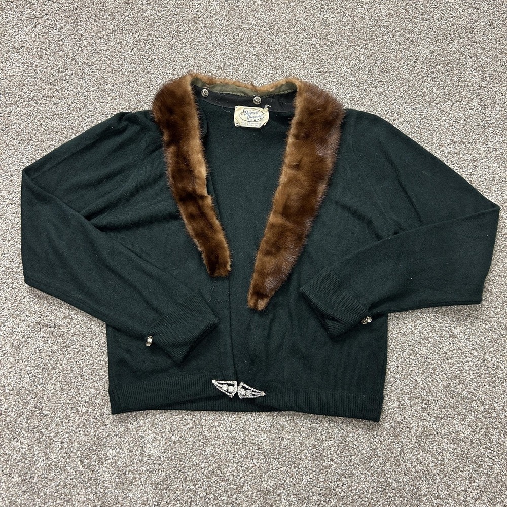 Vintage Designers Original Cardigan Sweater Womens M Green Fur Trim Rhinestone